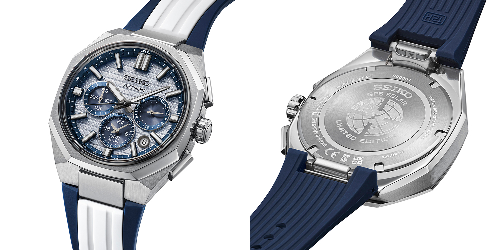 Seiko Astron GPS Solar Dual-Time Chronograph a 145. évfordulóra A HAB004 modell számlapjának részlete.
