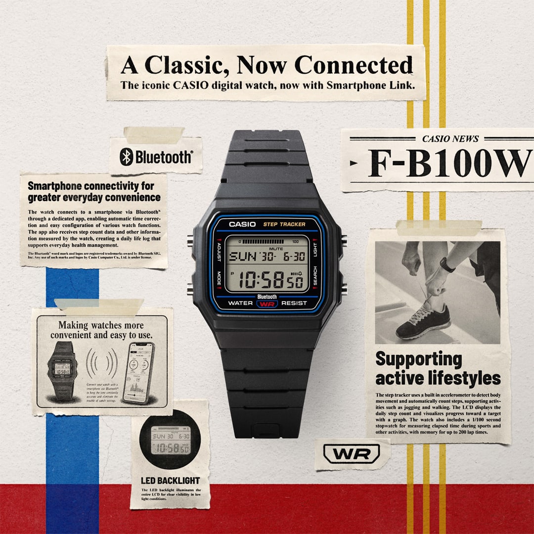 CASIO F-B100W: az F-91W visszatér, most Bluetooth-tal és lépésszámlálóval CASIO F-B100W F-B100W-1A F-B100W-1B F-B100W-3A F-91W CASIO全新F-B100W系列輕巧亮相 經典復古數位設計注入現代科技靈魂