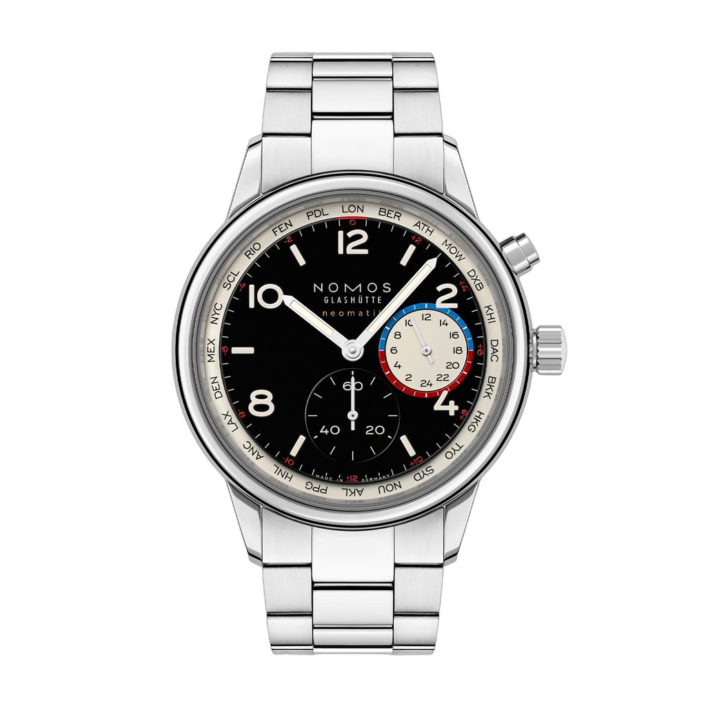 Front view of a NOMOS watch with black dial, worldtimer city ring, and metal bracelet.