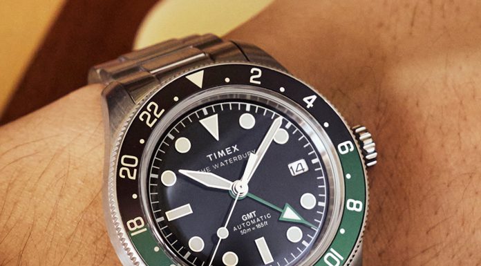 Két új automatával bővül a Timex Waterbury Heritage Timex Waterbury Heritage Automatic GMT watch worn on wrist with stainless steel bracelet and black dial.