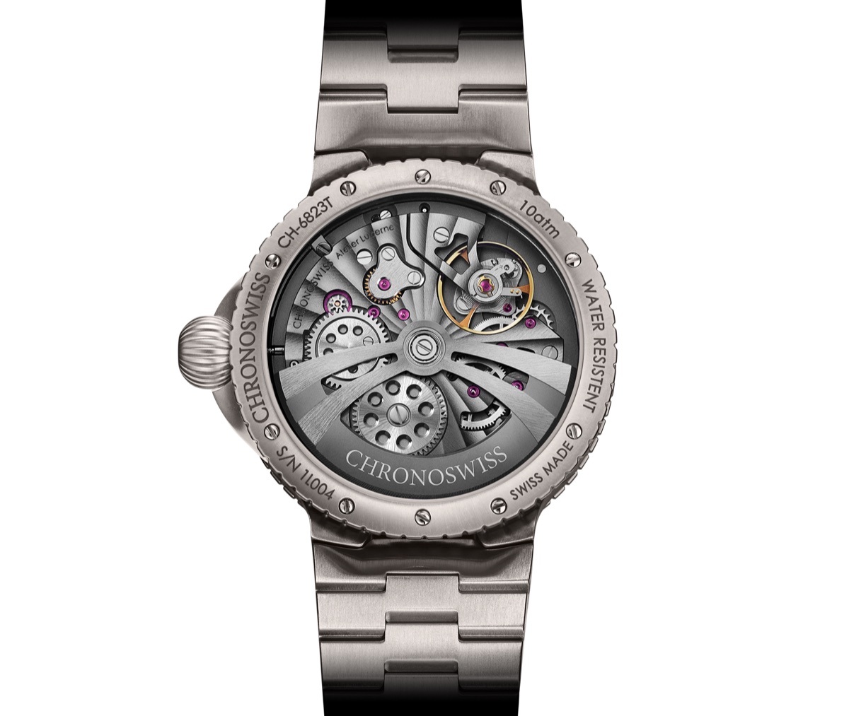 Chronoswiss PULSE GMT Silver Guilloché CH-4223TM-GR – hátlap és C.6002 szerkezet