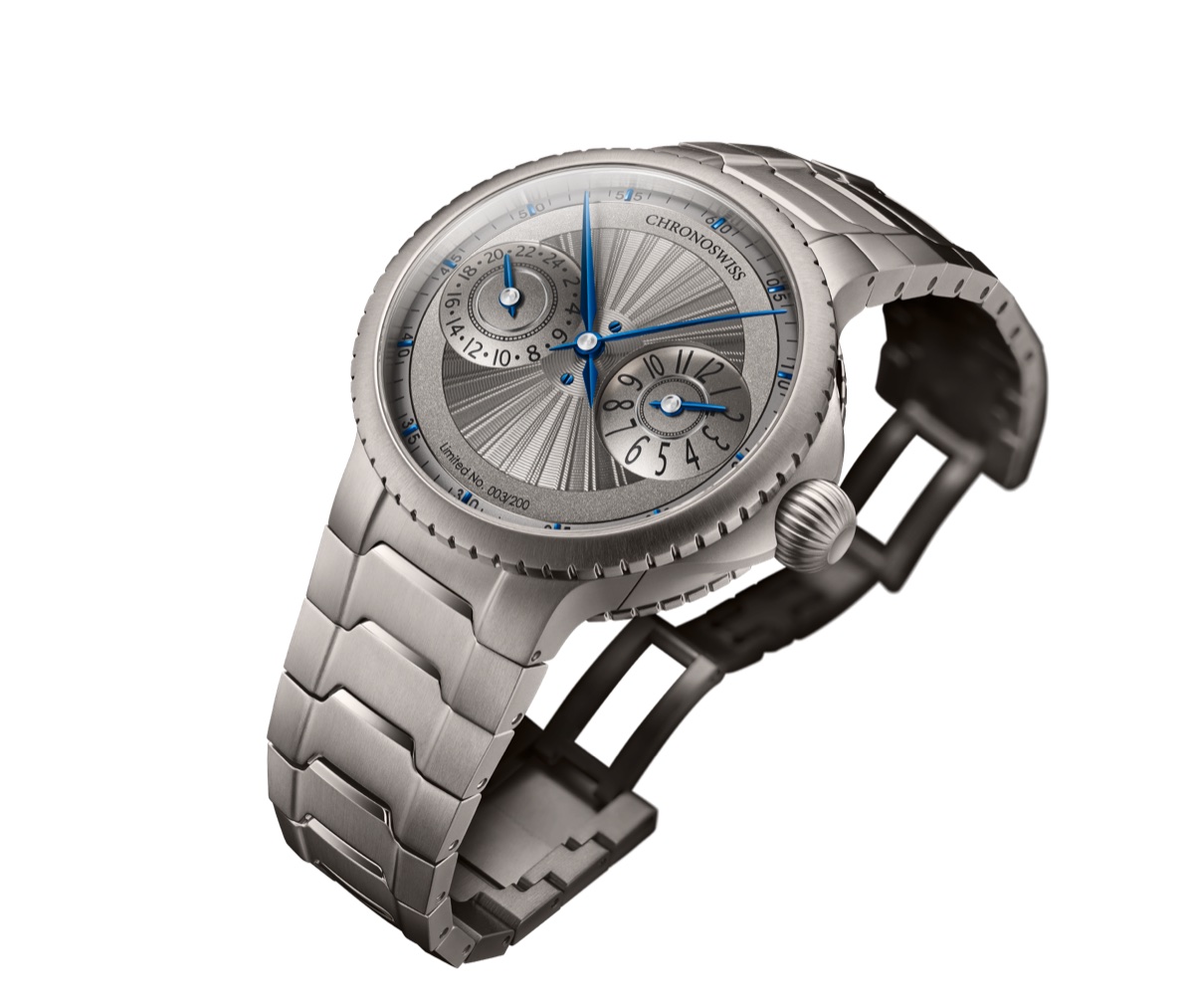 Chronoswiss PULSE GMT Silver Guilloché CH-4223TM-GR – titántok és integrált csat