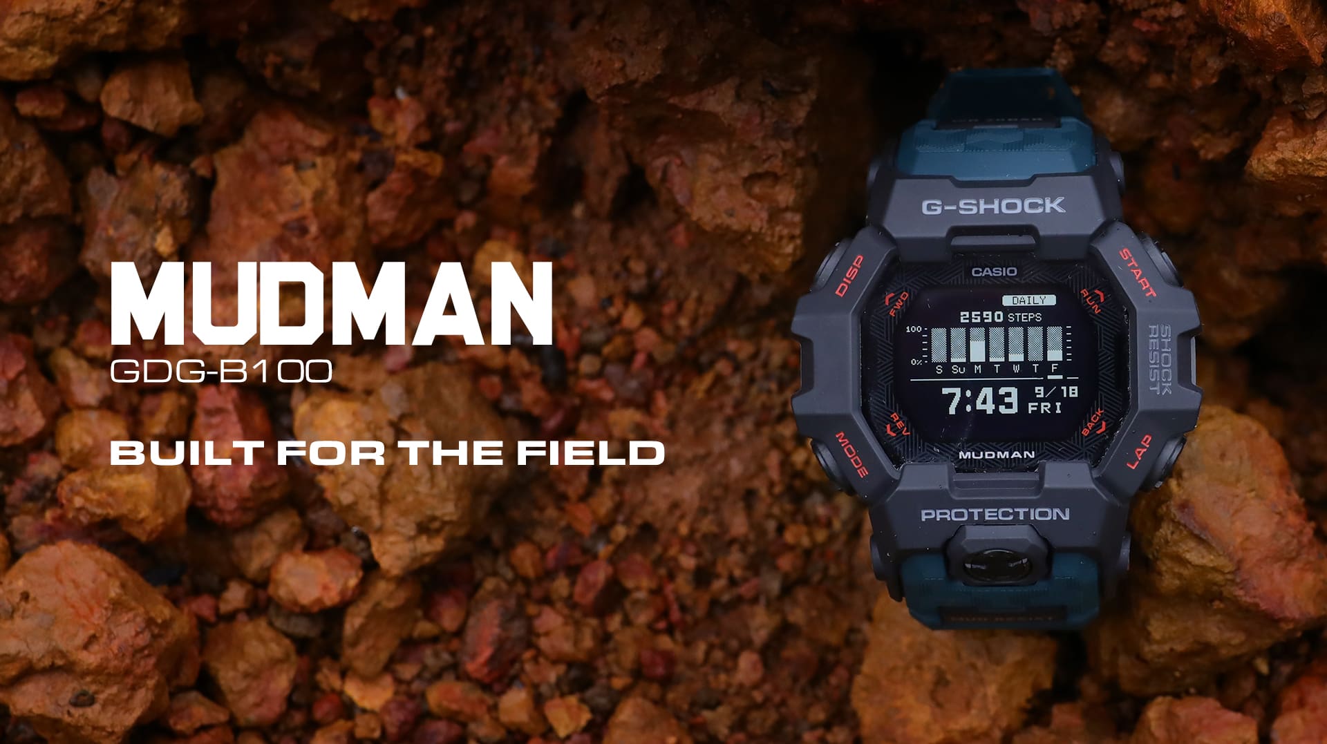 A G-Shock Mudman GDG-B100 a Casio bemutatóképén