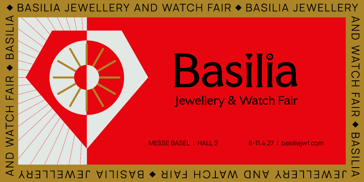 A Basilia Jewellery & Watch Fair piros bannere a vásár logójával, a Messe Basel 2-es csarnokának és a 2027. április 8–11-i időpontnak a feltüntetésével