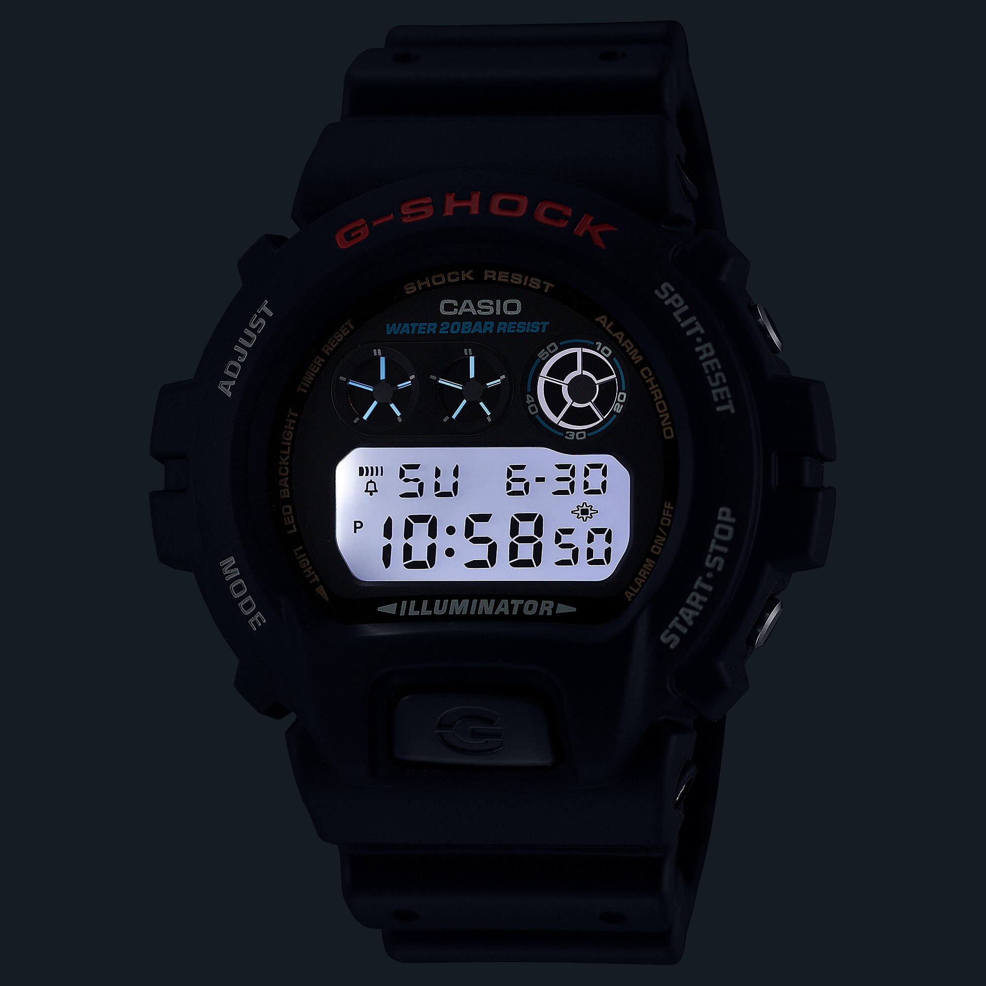 G-Shock DW-6900U-1 bekapcsolt fehér LED-háttérvilágítással