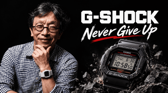 Törhetetlen – a G-Shock teljes története a háború utáni Japántól 2026-ig Ibe Kikuo és a klasszikus kocka G-Shock óra – Never Give Up kiemelt grafika