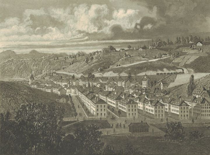 Le Locle látképe egy 1860 körüli metszeten