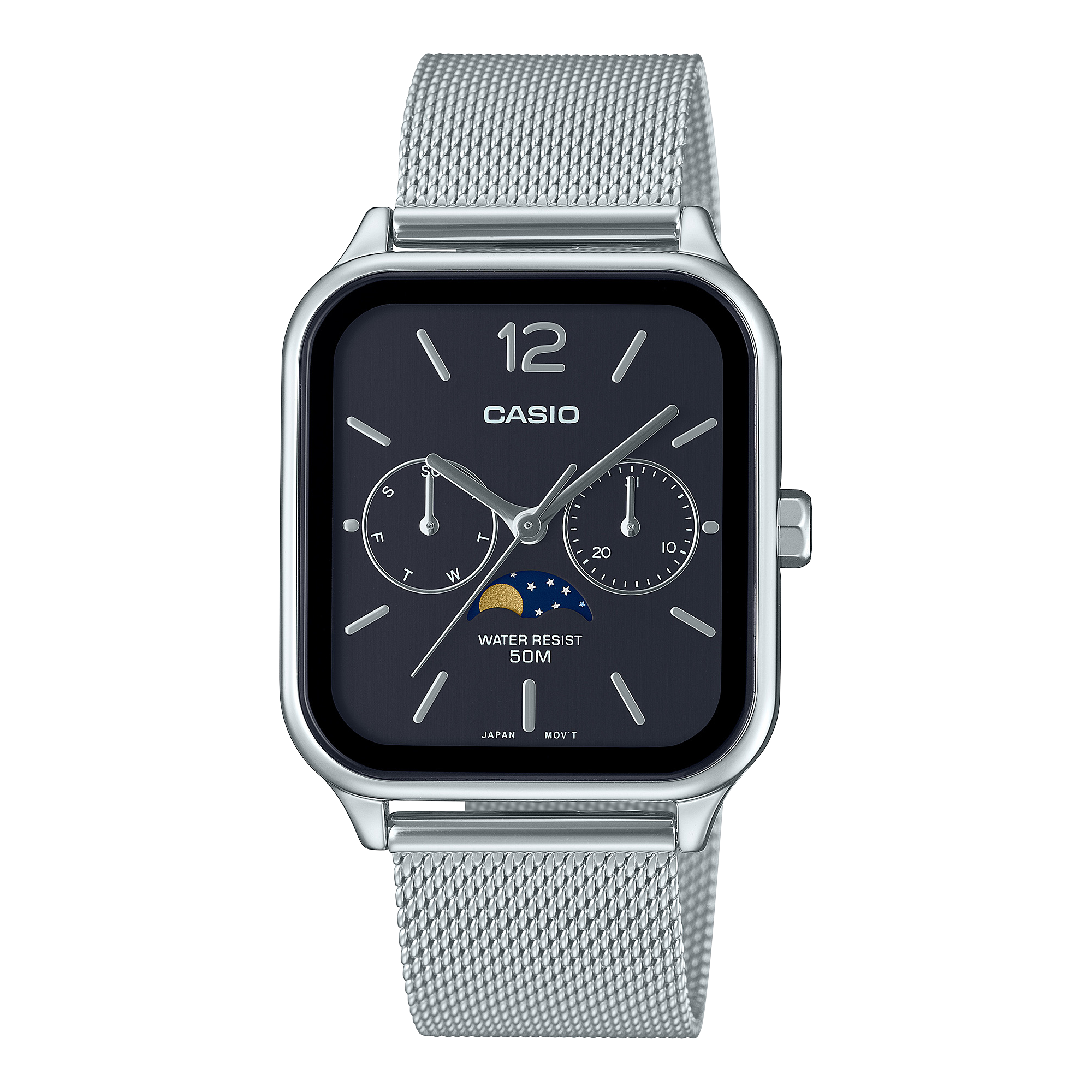 Holdfázis Casio-áron – MTP-M305M-1AVER milánói fémszíjjal Casio MTP-M305M-1AVER holdfázisos kvarc karóra fekete számlappal és milánói fémszíjjal