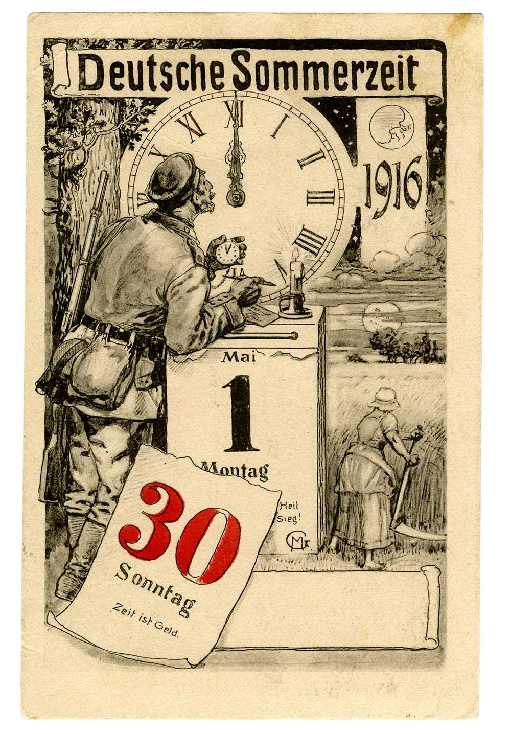 Német levelezőlap a nyári időszámítás 1916. április 30-i bevezetéséről