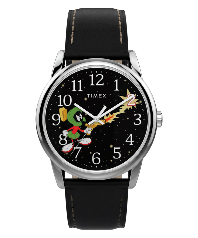 Bolondos dallamok a csuklón – öt új Looney Tunes x Timex óra Looney Tunes x Timex Easy Reader TW2Y99300 Marvinnal, a marslakóval, fekete csillagos számlappal