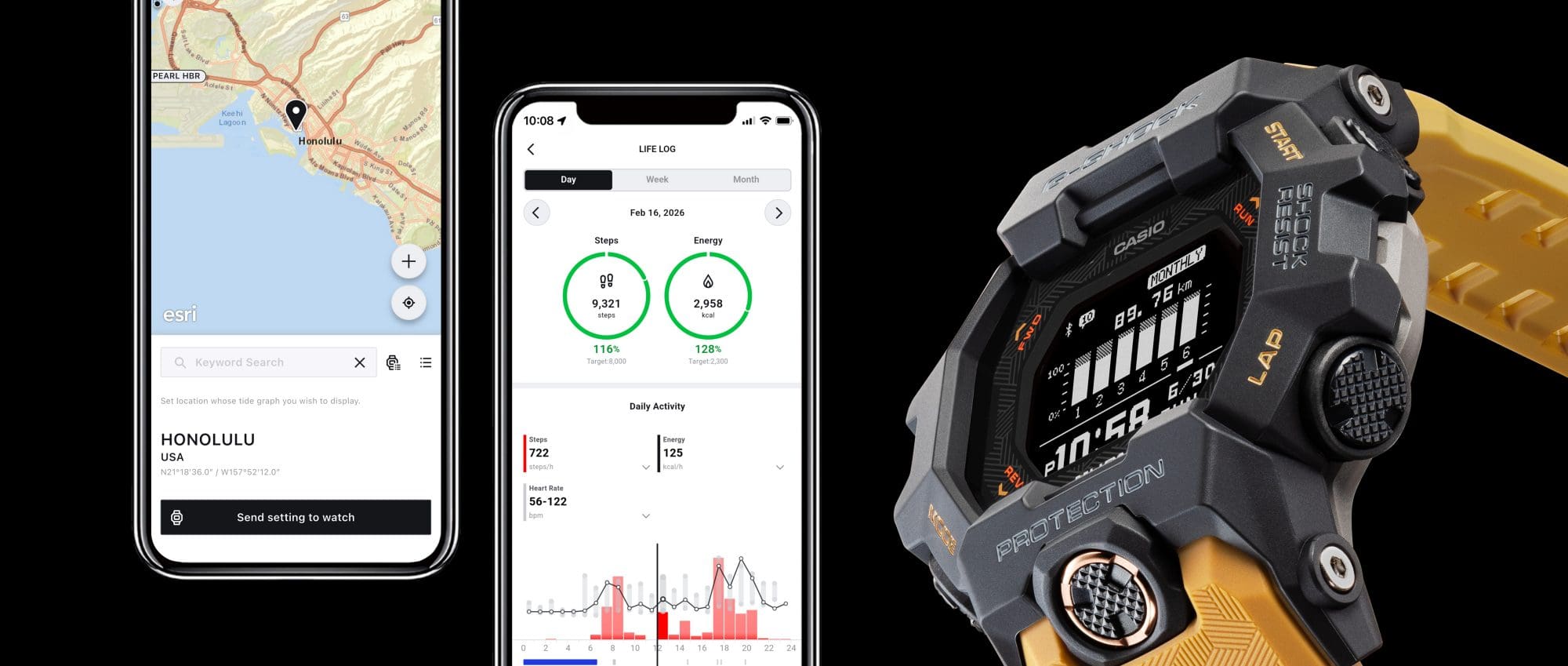 A GDG-B100 oldalnézetből, mellette a CASIO WATCHES app edzésadataival