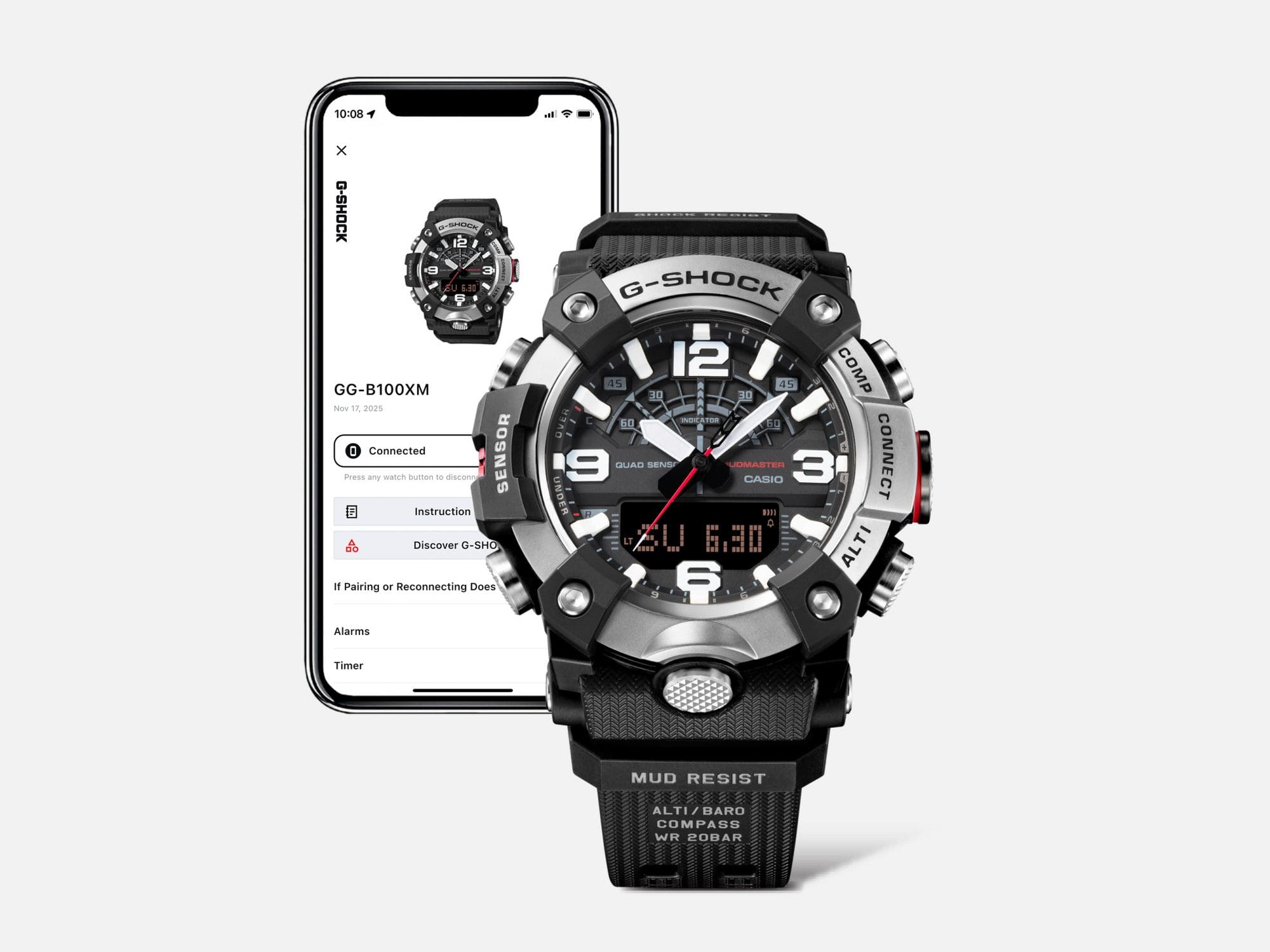 G-Shock Mudmaster GG-B100XM: acél lünettát kapott a sár ura A GG-B100XM okostelefonos kapcsolata a CASIO WATCHES appal