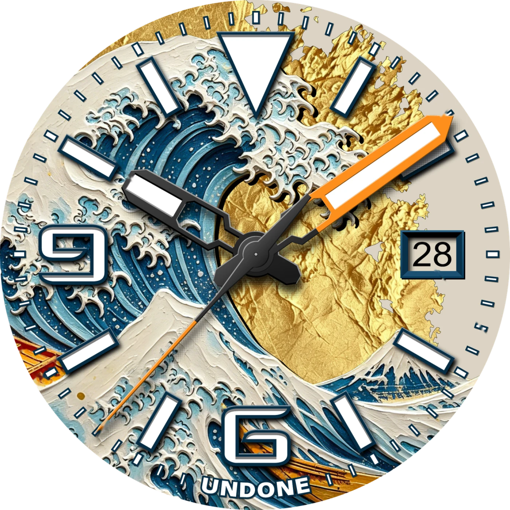 UNDONE Aquadeep The Great Wave - Visszatért és most aranyfüstre épül Hokuszai nagy hulláma A kész számlap kék applikált indexekkel, narancssárga percmutatóval és dátumablakkal