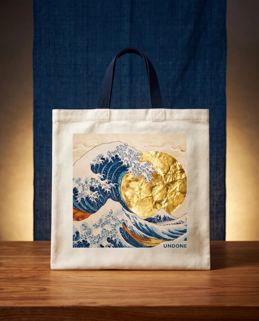 UNDONE Aquadeep The Great Wave - Visszatért és most aranyfüstre épül Hokuszai nagy hulláma A natúr vászon, sötétkék fülű táska a Nagy hullámmal