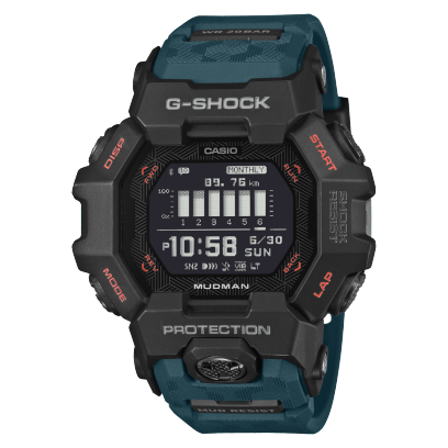 A G-Shock Mudman GDG-B100-1A3 fekete tokkal és sötétzöld szíjjal, szemből