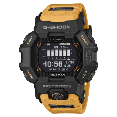 A G-Shock Mudman GDG-B100-1A5 fekete tokkal és homoksárga szíjjal, szemből
