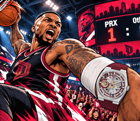 Dame Time a zsebben: áttört, kézi felhúzású PRX Damian Lillardnak Damian Lillard és a Tissot PRX Skeleton Special Edition kosárlabdás képregényillusztráción