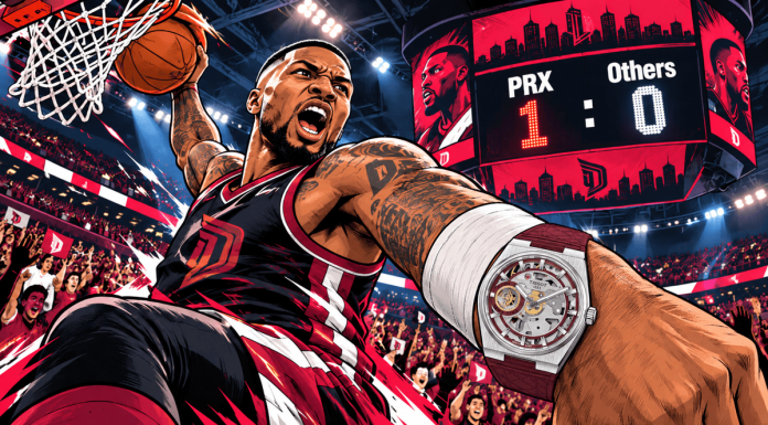 Dame Time a zsebben: áttört, kézi felhúzású PRX Damian Lillardnak Damian Lillard és a Tissot PRX Skeleton Special Edition kosárlabdás képregényillusztráción