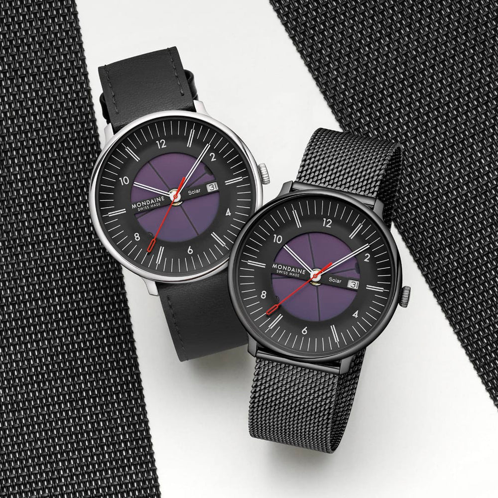 Mondaine Doppio Solar Skeleton: napelemek a számlap közepén, 500 dollár alatt Doppio Solar Skeleton, Polished Steel, 41 mm, Vegan Grape Leather