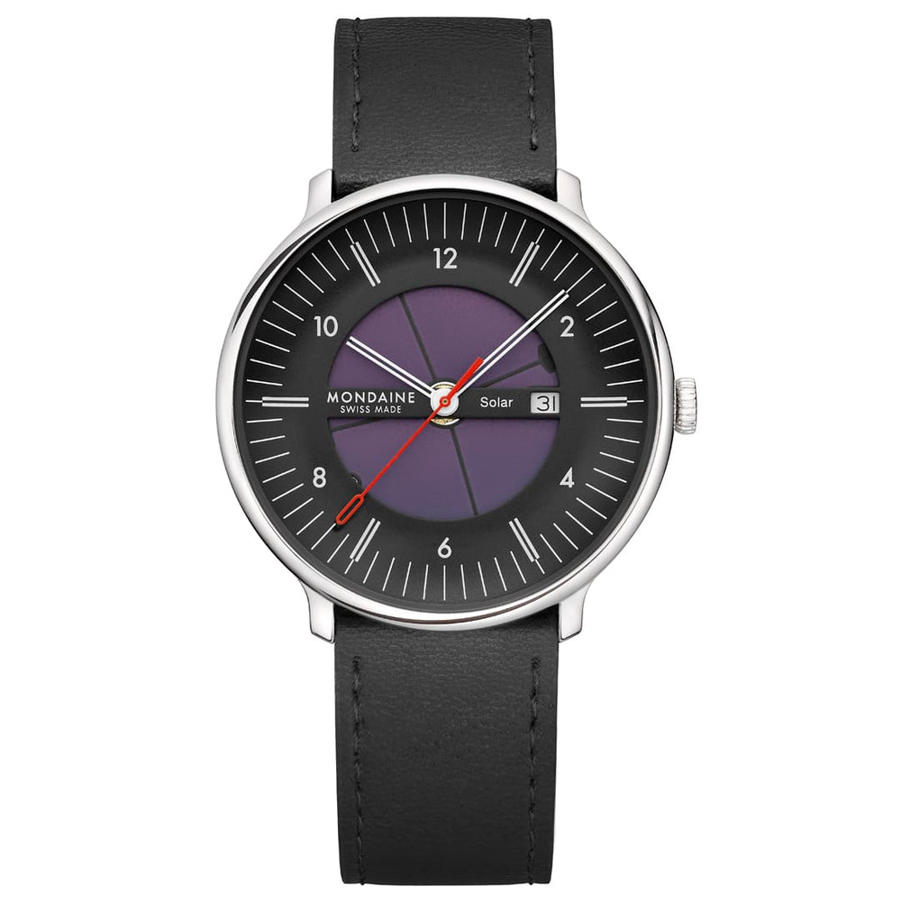 Mondaine Doppio Solar Skeleton: napelemek a számlap közepén, 500 dollár alatt Doppio Solar Skeleton, Polished Steel, 41 mm, Vegan Grape Leather