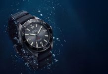 Timex Deepwater Arctic 200: dégradé számlappal frissül a retro búváróra TW3A02000 Deepwater Arctic 200 watch with a gray dial and black strap surrounded by underwater bubbles.