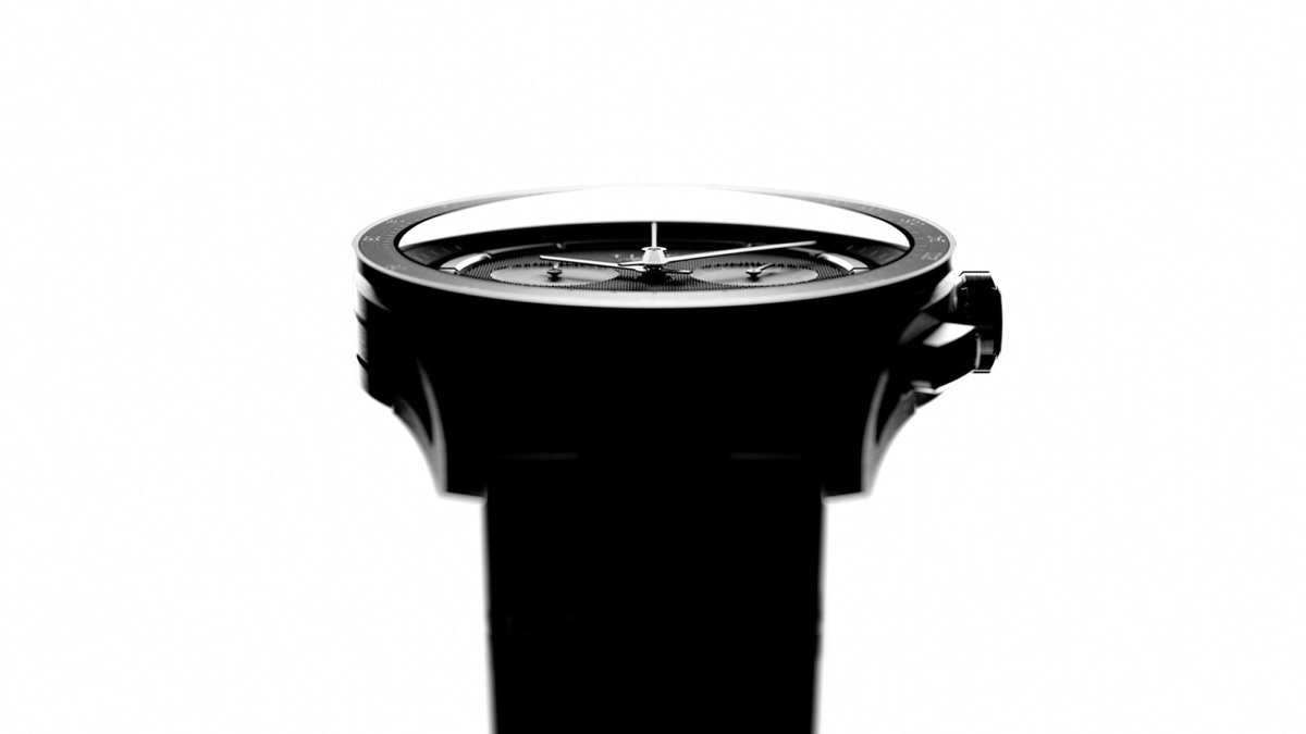 Timex Atelier Chronograph Quartz M1q: svájci kvarccal nyit lejjebb az Atelier Side profile silhouette of Timex Atelier Chronograph Quartz M1a 40mm showing slim case and rubber strap