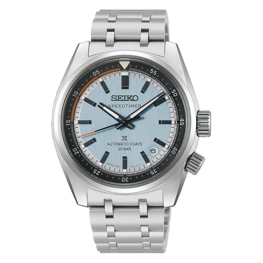 Speedtimer újra stopper nélkül – ezúttal babakékben és morcos feketében is Seiko Prospex Speedtimer HBC003J1 púderkék számlappal és acél fémszíjjal