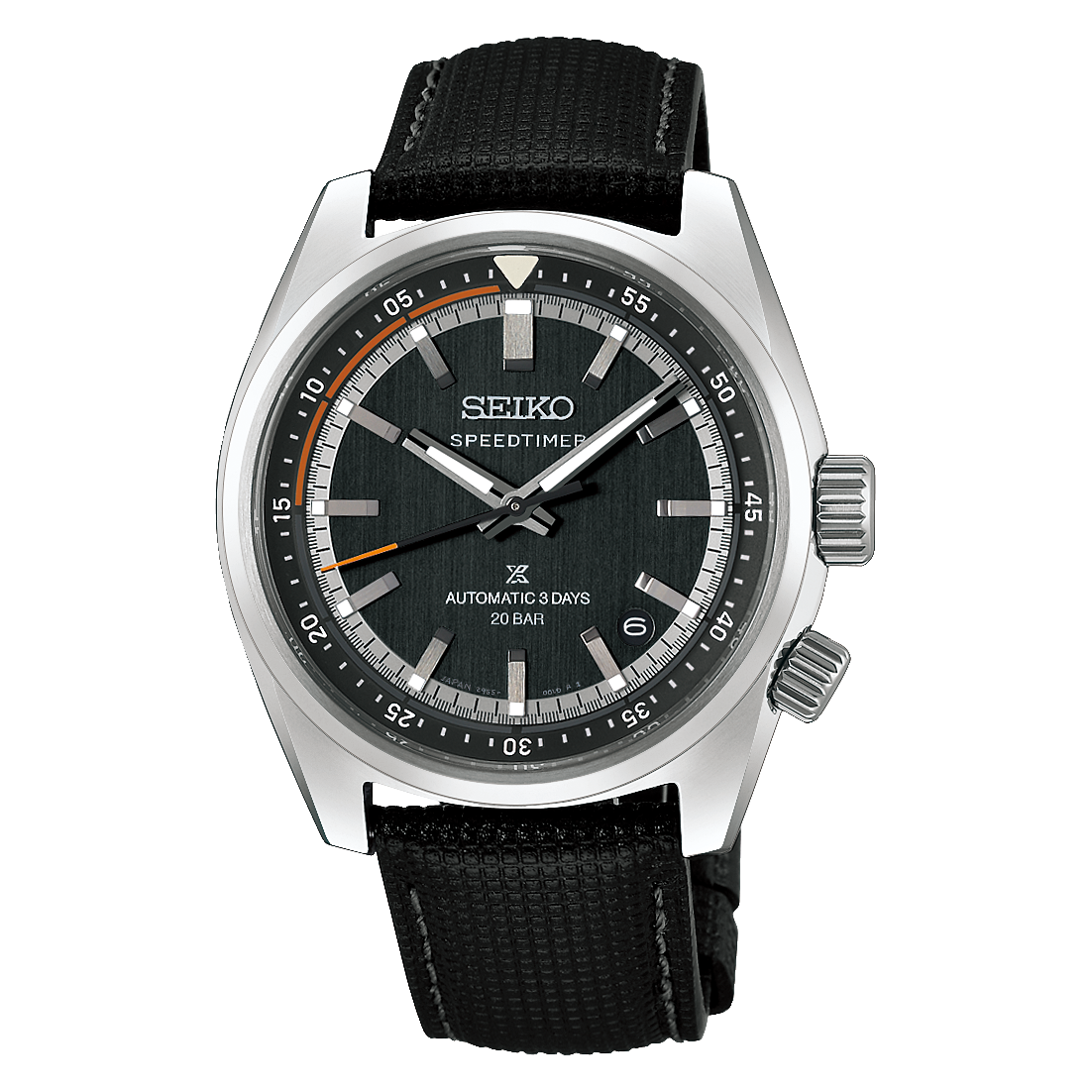 Speedtimer újra stopper nélkül – ezúttal babakékben és morcos feketében is Seiko Prospex Speedtimer HBC004J1 sötétszürke számlappal és fekete bőrszíjjal